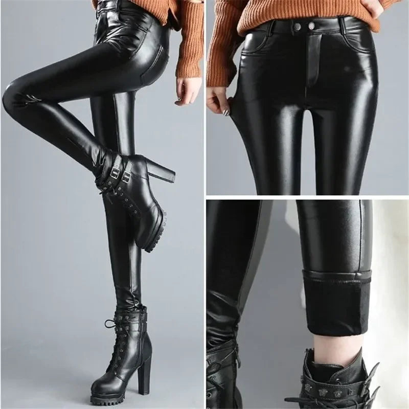 Green Pond PU Leather Leggings Pencil Pants with Thermal Lining Female High-Waisted Stretchy
