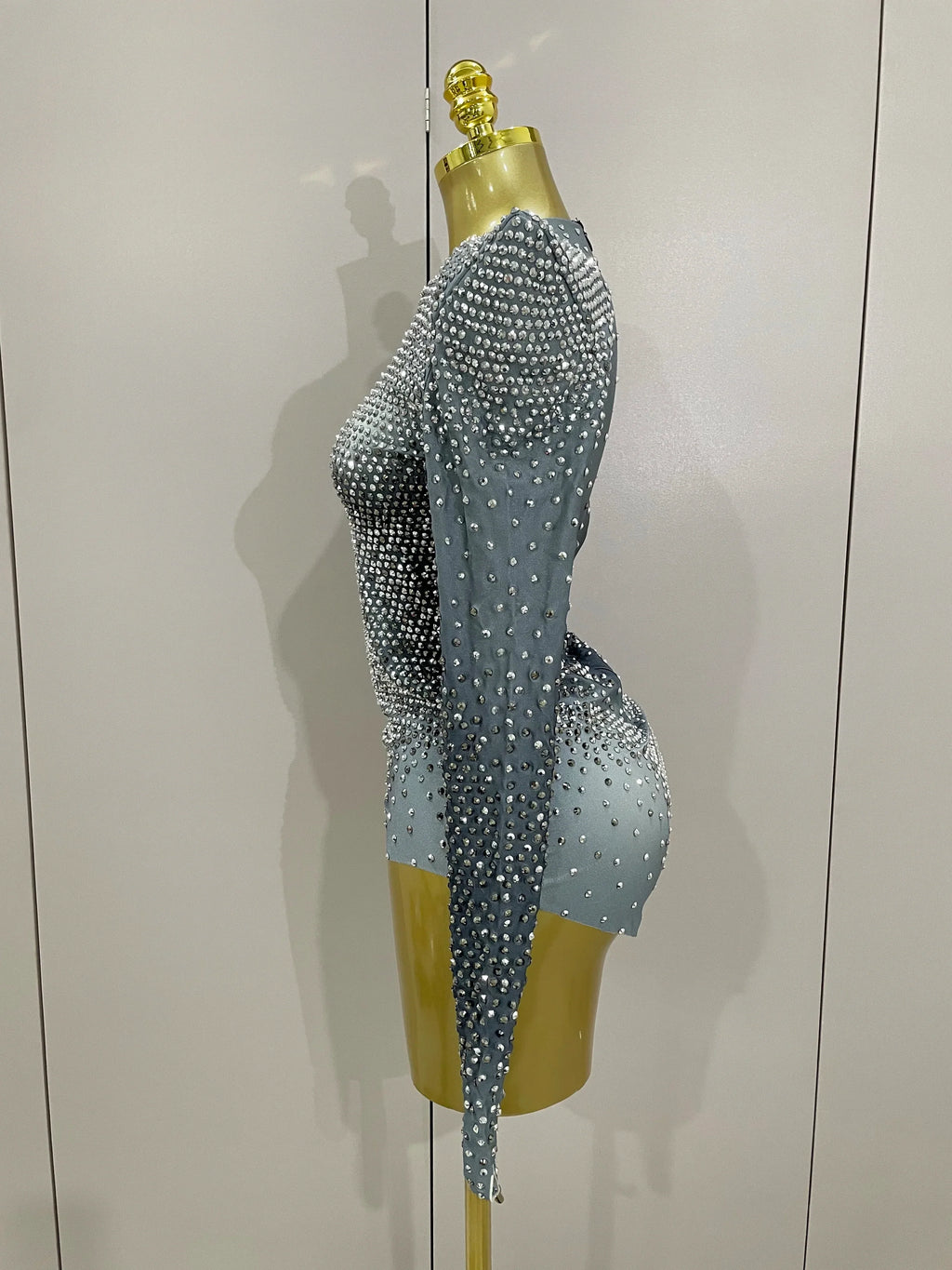 Norwish Sparkle Silver Rhinestones Long Sleeve Stretch Romper