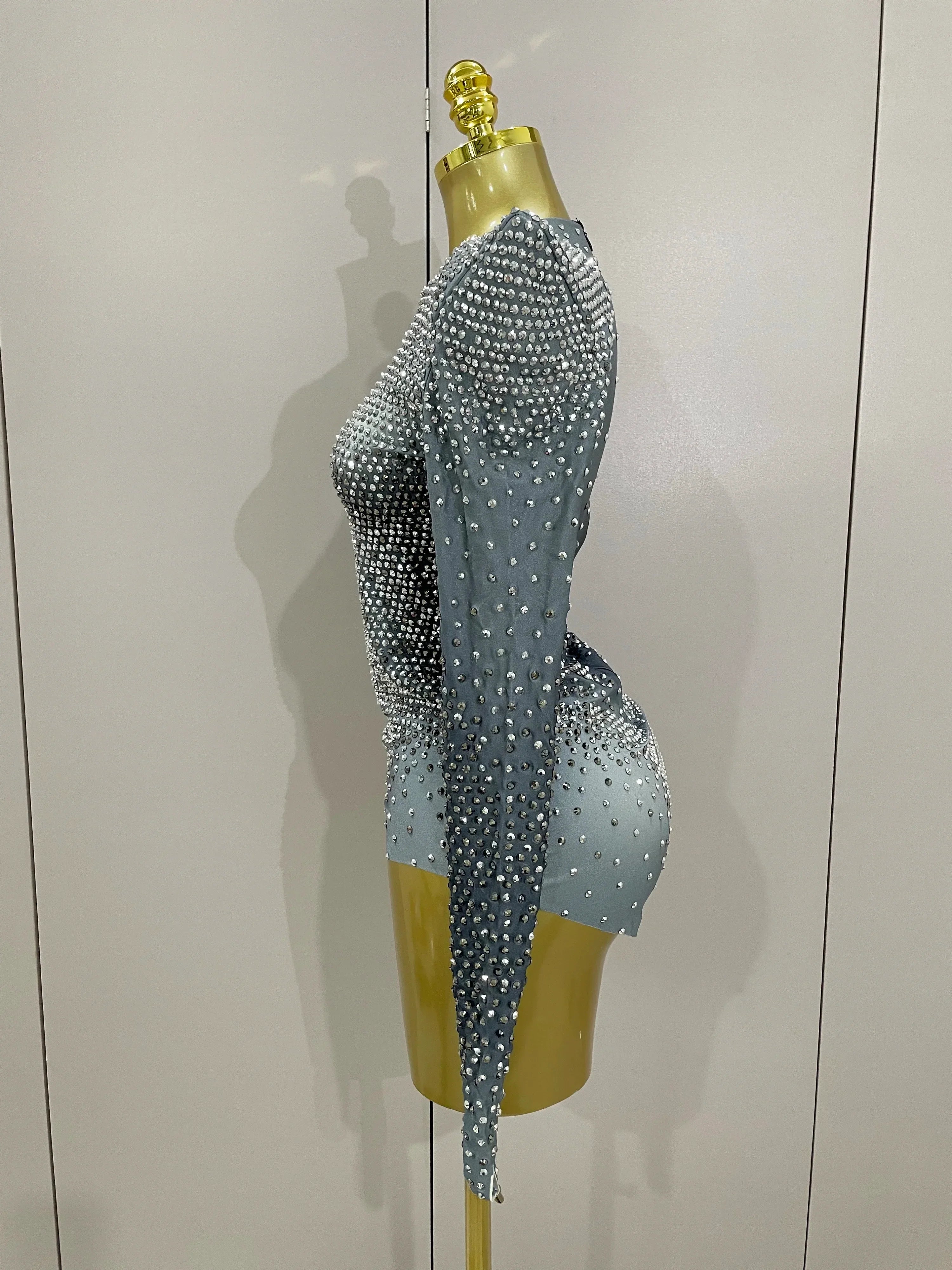 Norwish Sparkle Silver Rhinestones Long Sleeve Stretch Romper