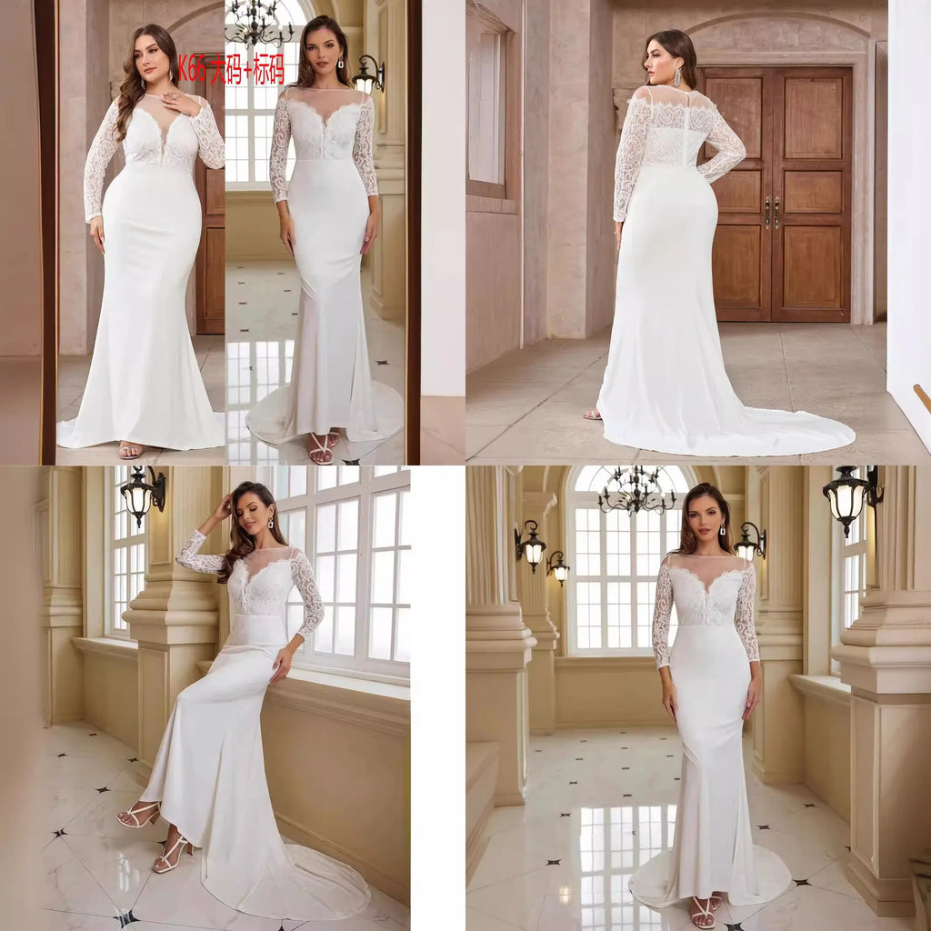 Georgia Plus Size Long Sleeve Lace Train White Wedding Banquet Gown