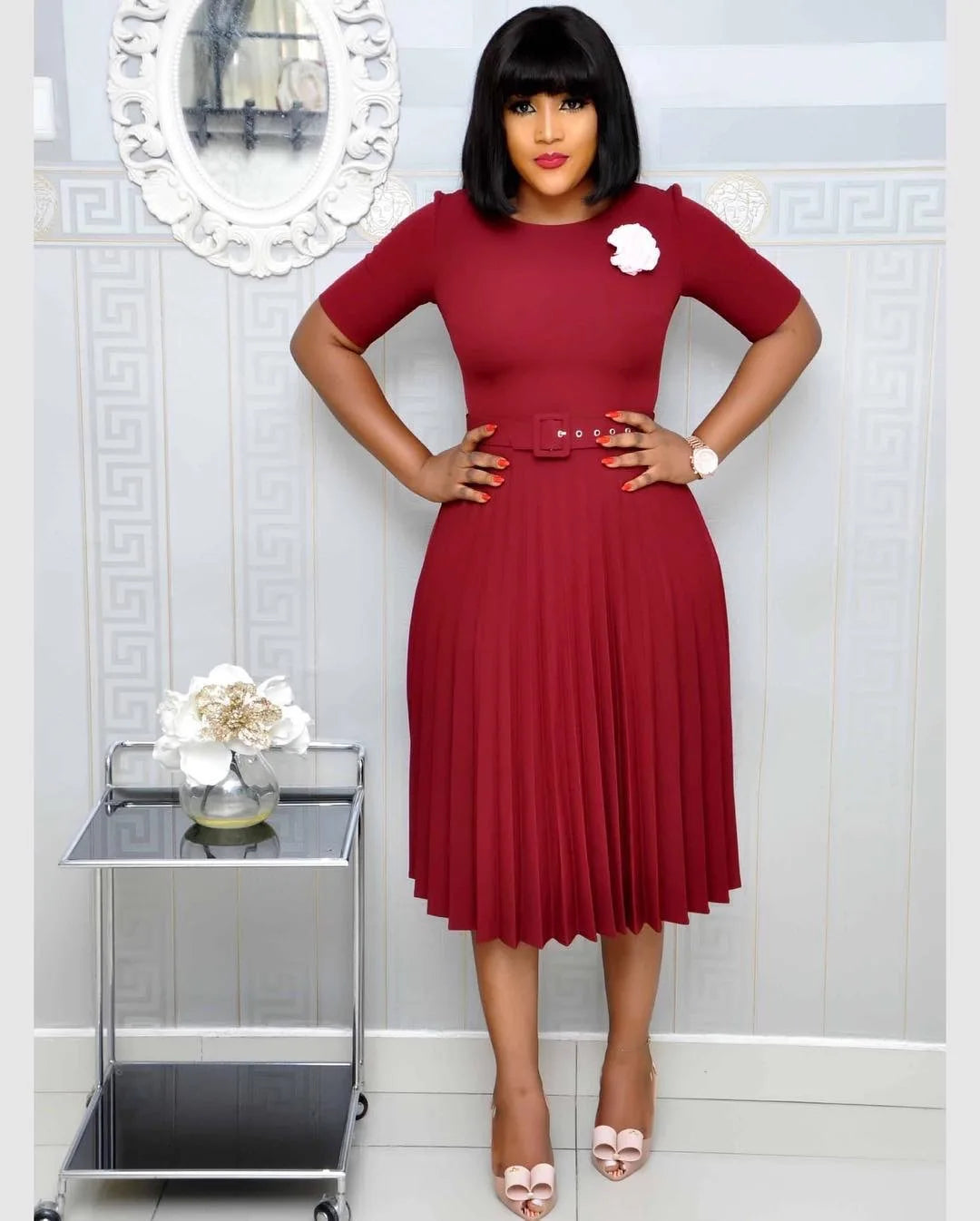 Cincinnati Plus Size Pleated Ladies O Neck Solid With Belt Mid-Calf Office Dress