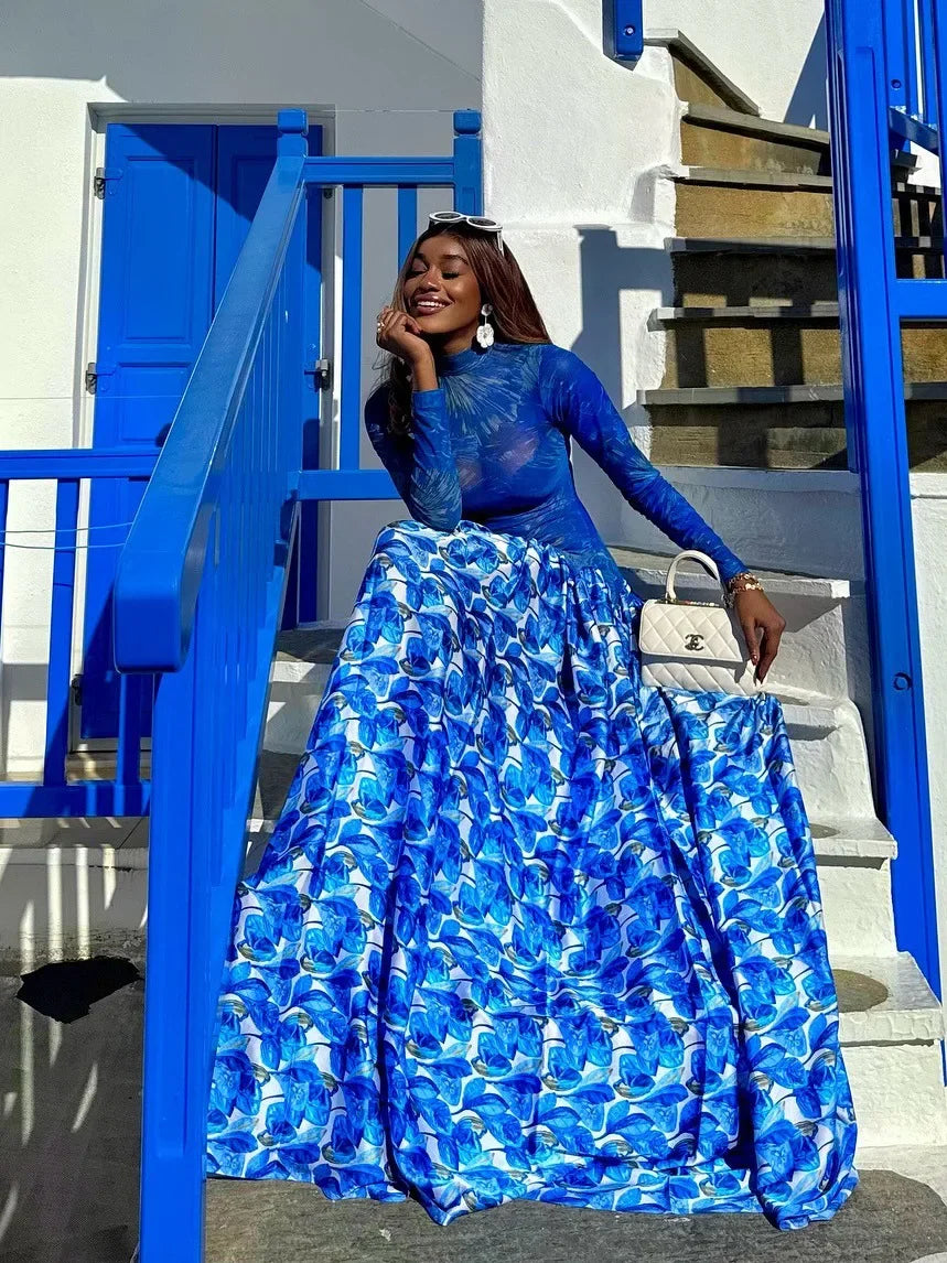Passaic O Neck Fashion Long Sleeve Flower Printed Maxi Dress