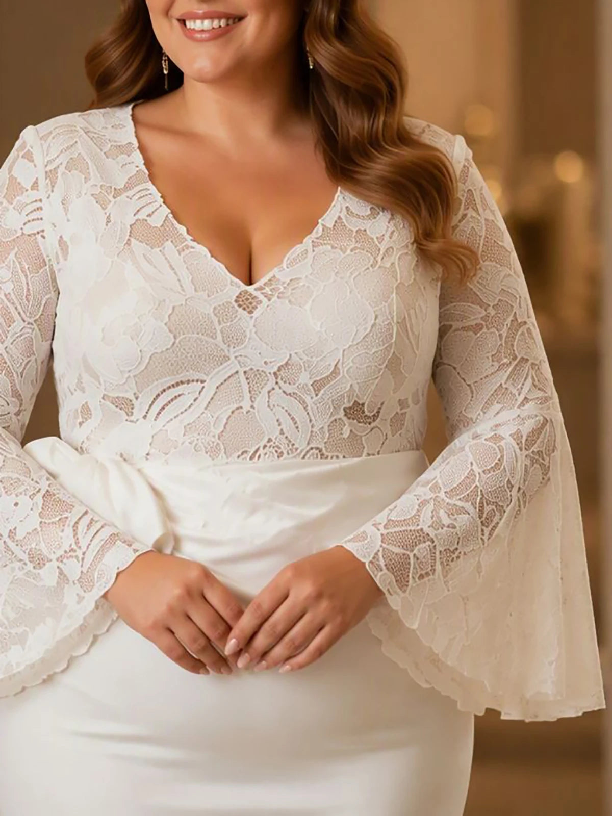 Plus Size Mermaid Sexy Mesh Sheer Embroidery V‑Neck Long Sleeve Slim Fit Maxi Dress