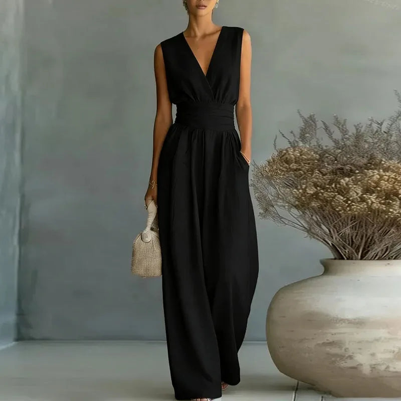 Women's Jumpsuit Fashion High Waist V-neck Casual Jumpsuits Sexy Solid Color Office Wide Leg Trousers Overalls Linen Chic