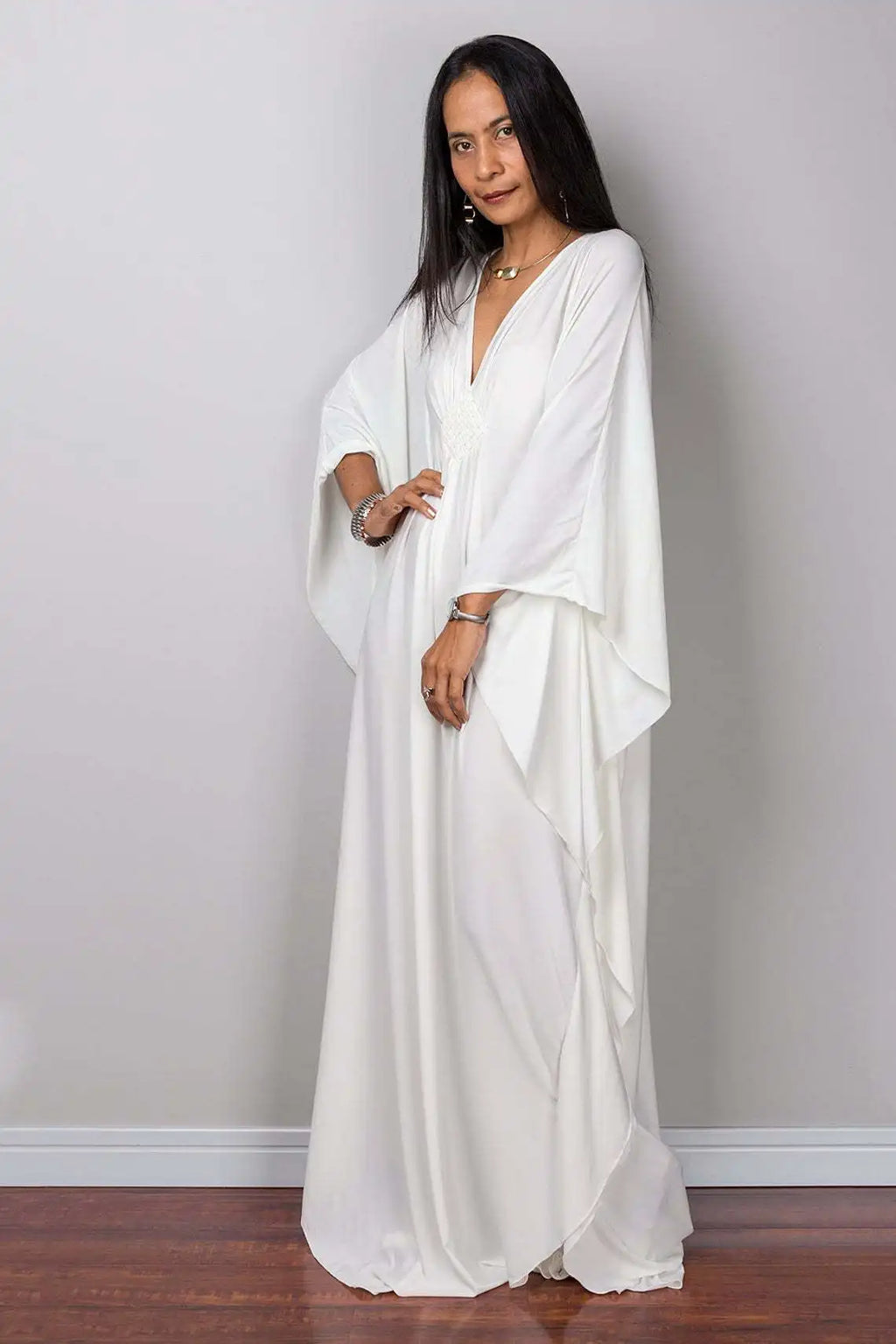 Plaza Plus Size Caftan Solid Color Plus Size Beach V Neck Cover Up Loose Soft Kaftan Dress