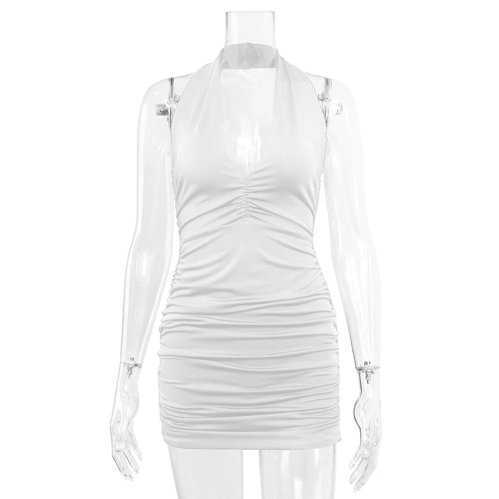 Colonia Deep V Evening Party Sleeveless Backlss Short White Halter Dresses