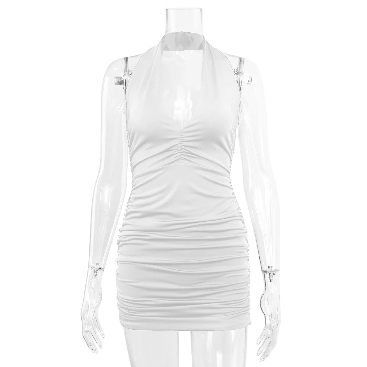 Colonia Deep V Evening Party Sleeveless Backlss Short White Halter Dresses