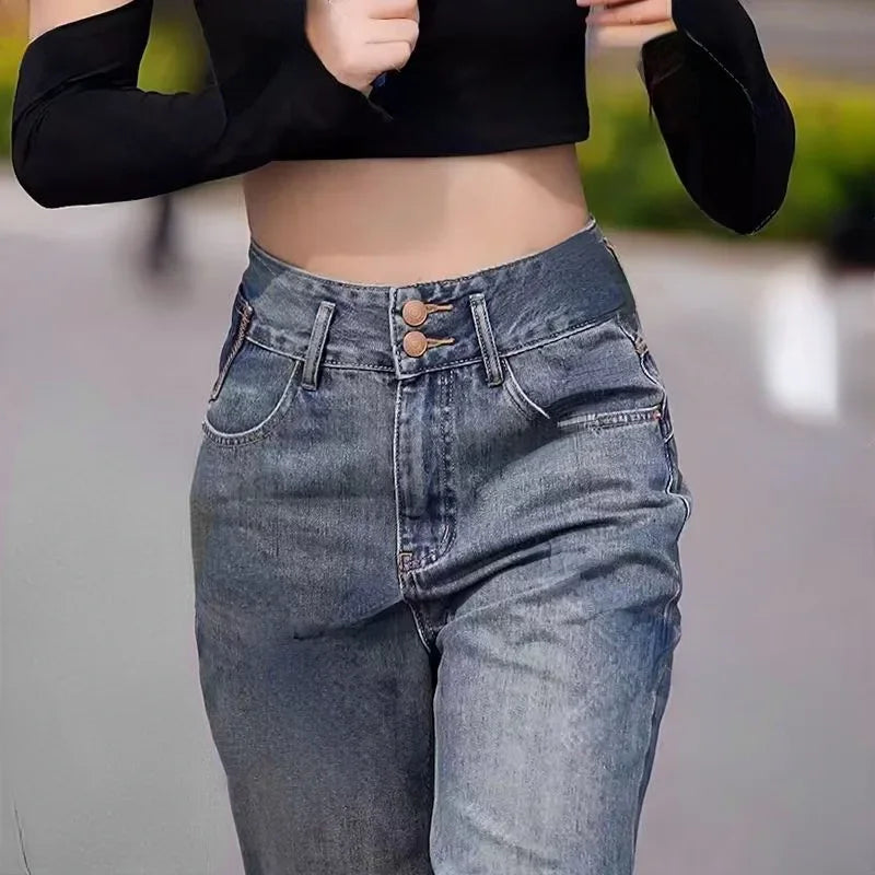 Womens Jeans High Waist Shot Blue Trousers with Pockets Pants for Women Straight Leg