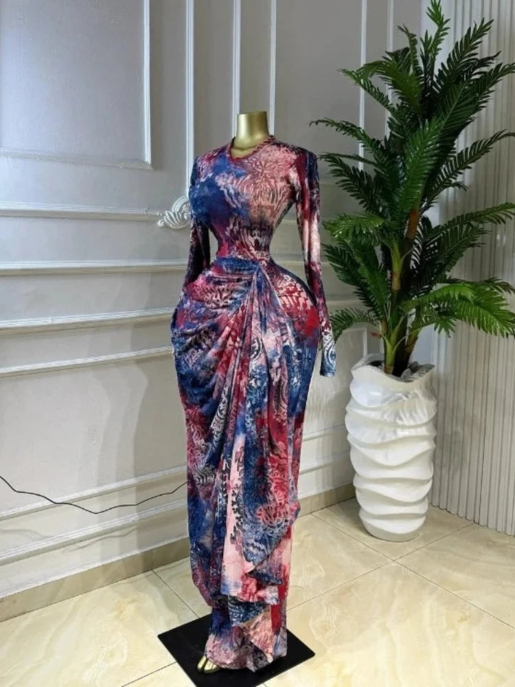 Print O-neck Ruched Ribbon Bodycon Long Dress