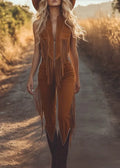Jumpsuits For Woman 2026 New Fashionable Solid Color Retro Western Fringe Brown Suede Vest Jumpsuit Monos Mujer Jumpsuits