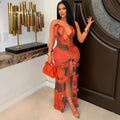 V-neck Strap Tie-dye Print Streetwear Beach Evening Sexy Night Party Split Maxi Dress