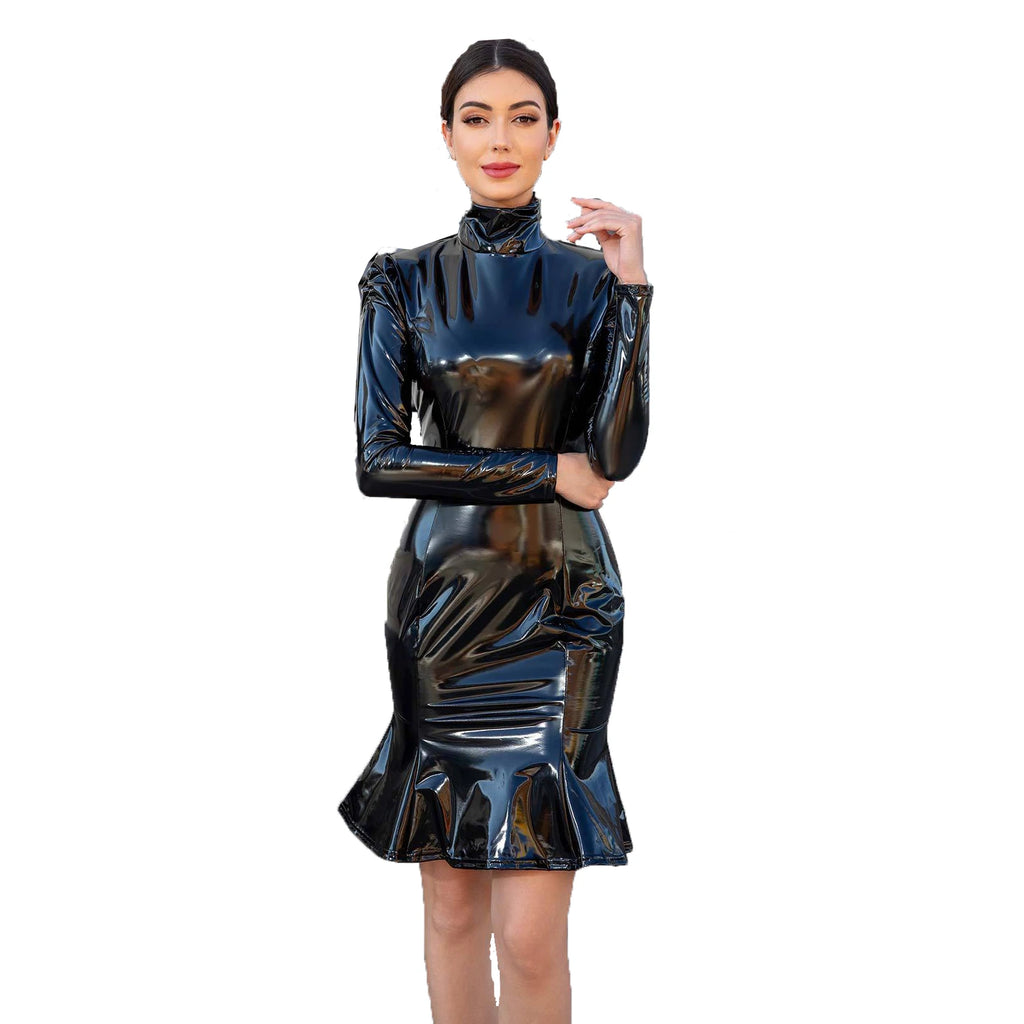 Dallas Plus Size Black Patent Leather Lacquer Bodycon Fishtail Dress