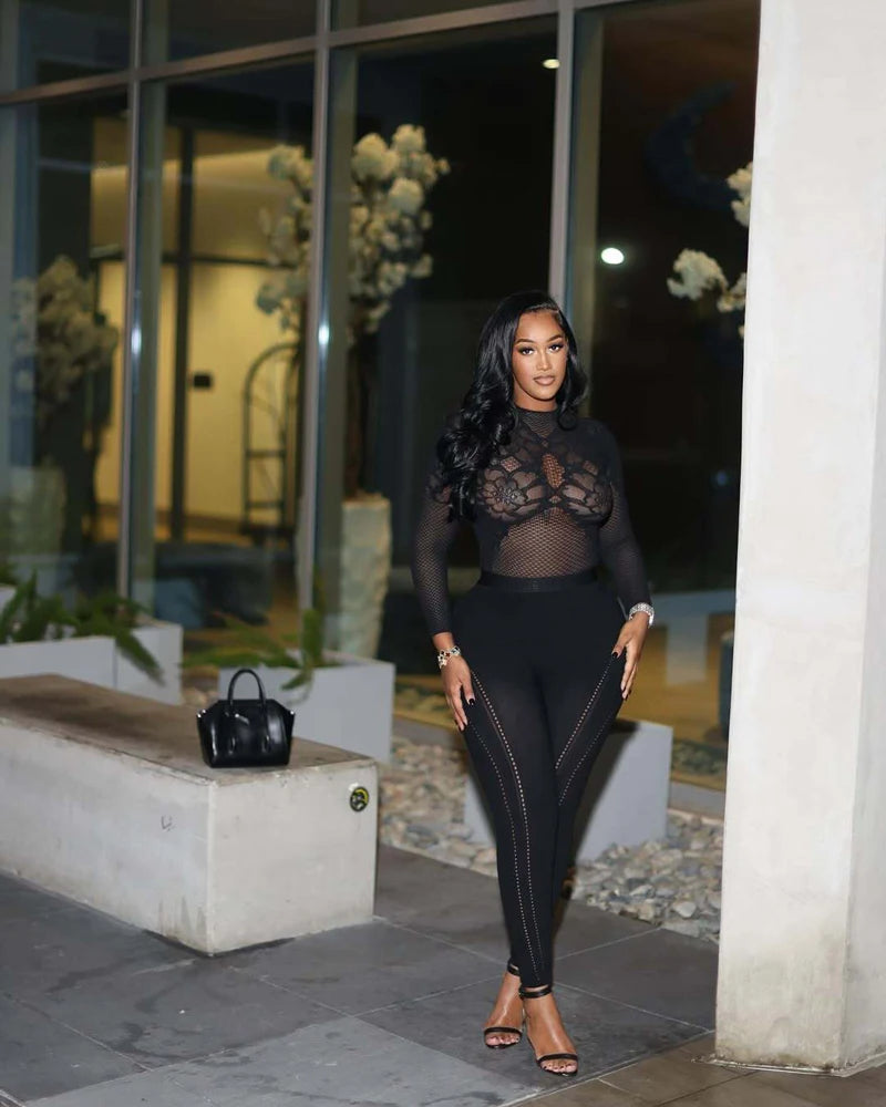 Alicia Floral Lace Mesh Long Sleeve Two Piece Sets