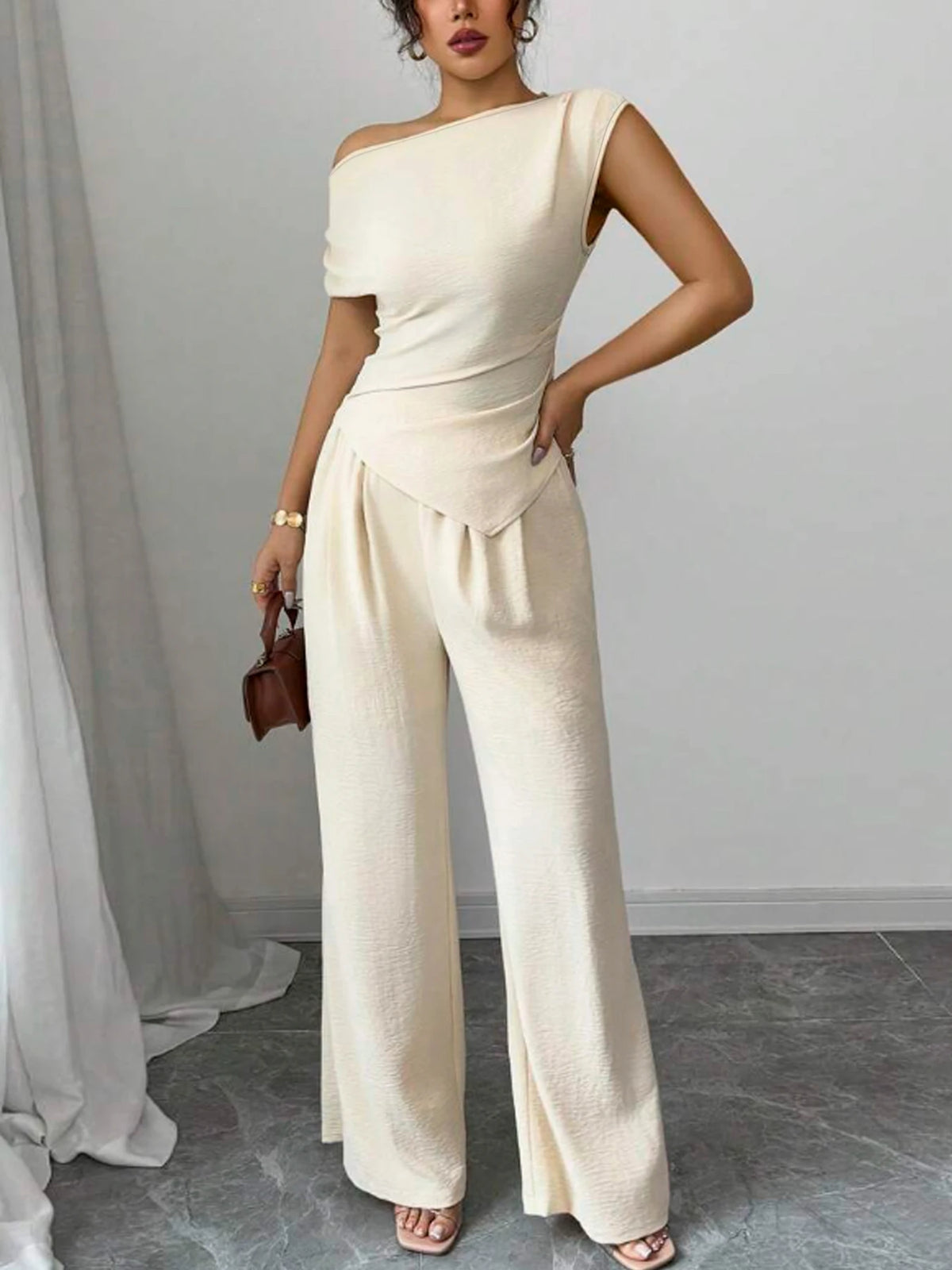 Sandy Elegant Pure Color Ladies Asymmetric Two Piece Sets