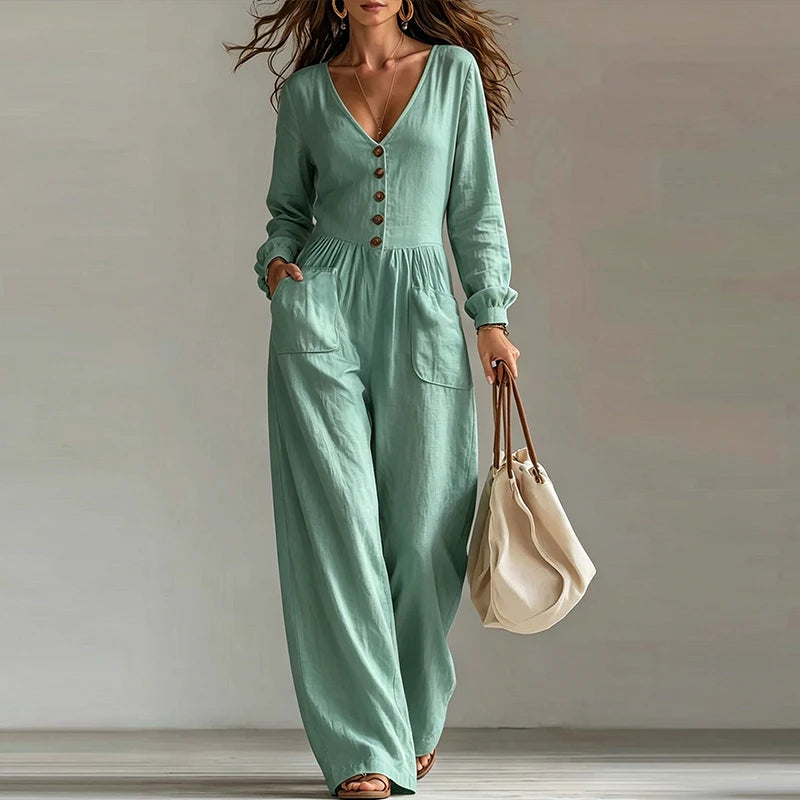 Elegant Woman Jumpsuit V Neck Long Sleeve Button Playsuits Female Casual Overalls White Long Jumpsuits For Women Outfits White