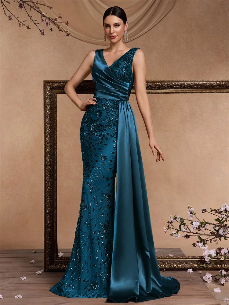 Puebla Elegant V Neck Splice Ribbons Sequins Sleeveless Mermaid Formal Dress