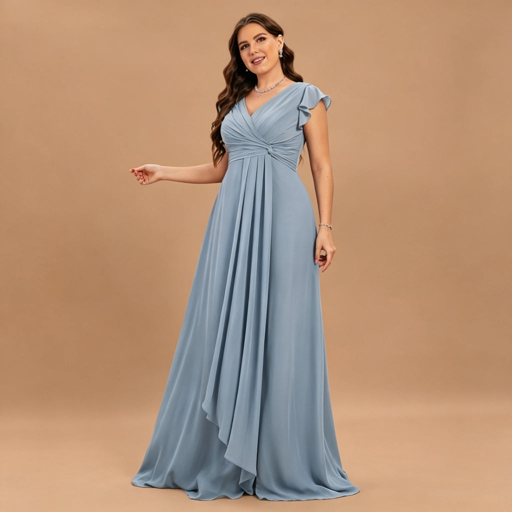 Long Island Plus Size Chiffon Evening Elegant V-Neck Ruffle Sleeve Formal Dress