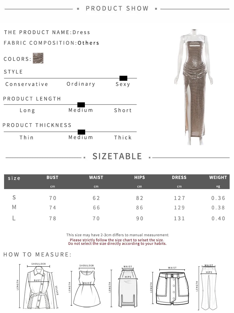 Irlanda Strapless Shiny Sequins Wrap Chest Backless Sleeveless Ruched High Splits Dress