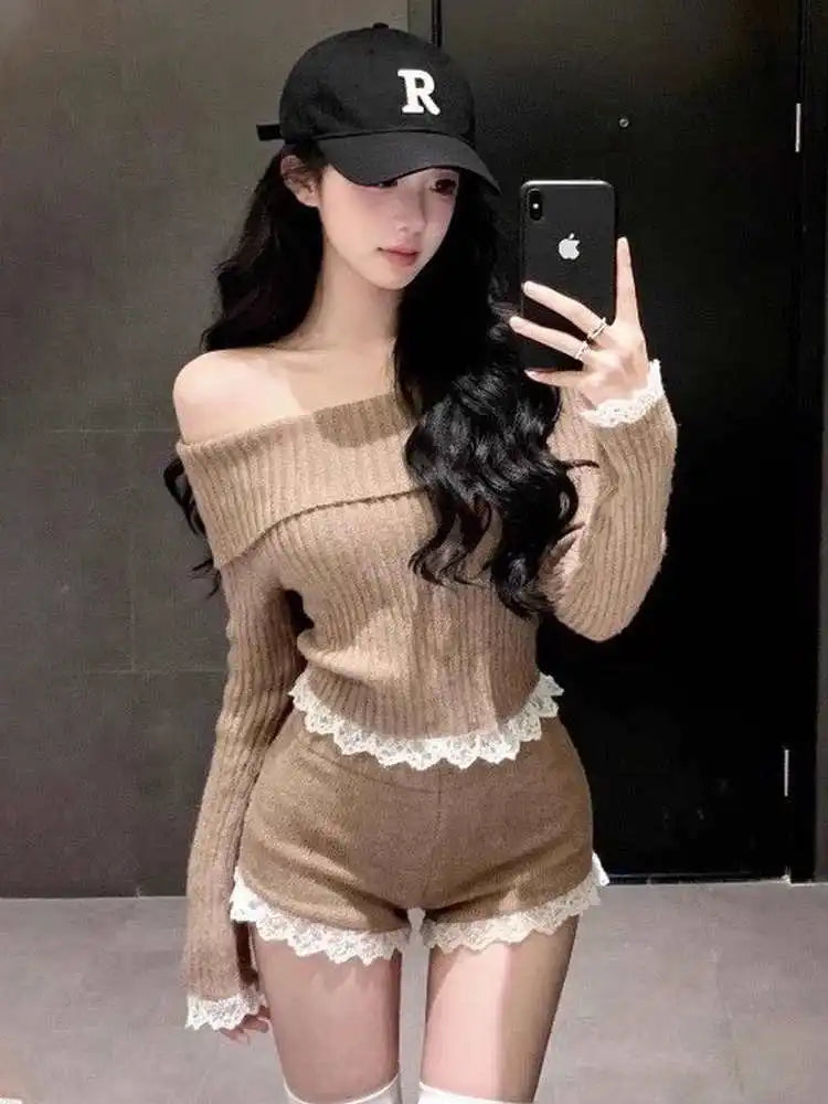 Erika Lace Splice One Shoulder Knitted Two Piece Sets