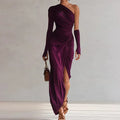 Far Hills Skew Collar Solid Fashion One Shoulder Party Elegant Patchwork Maxi Dress