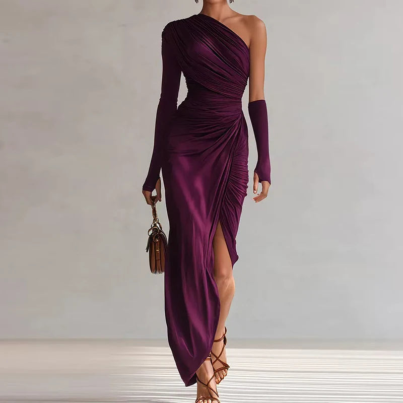 Far Hills Skew Collar Solid Fashion One Shoulder Party Elegant Patchwork Maxi Dress