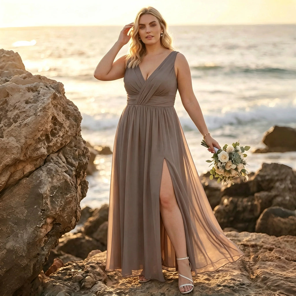 Newark Navy Blue Plus Size Chiffon Bridesmaid Sleeveless Deep V Neck Cross Ruched Dress
