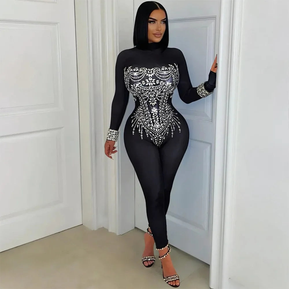 Upper East Sexy Rhinestone Patchwork Solid See Through Sparkling Jumpsuit