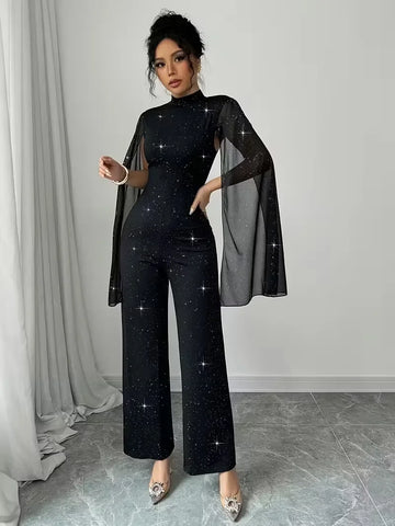 Manhattan Glitter Mock Neck Sheer Chiffon Cloak Sleeve Elegant Overalls Temperament Jumpsuit