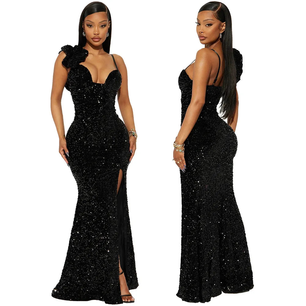 Bayone Sexy Sequins Solid Sexy Slim Fit Evening High Waist Elegant Lady Sleeveless Split Dress