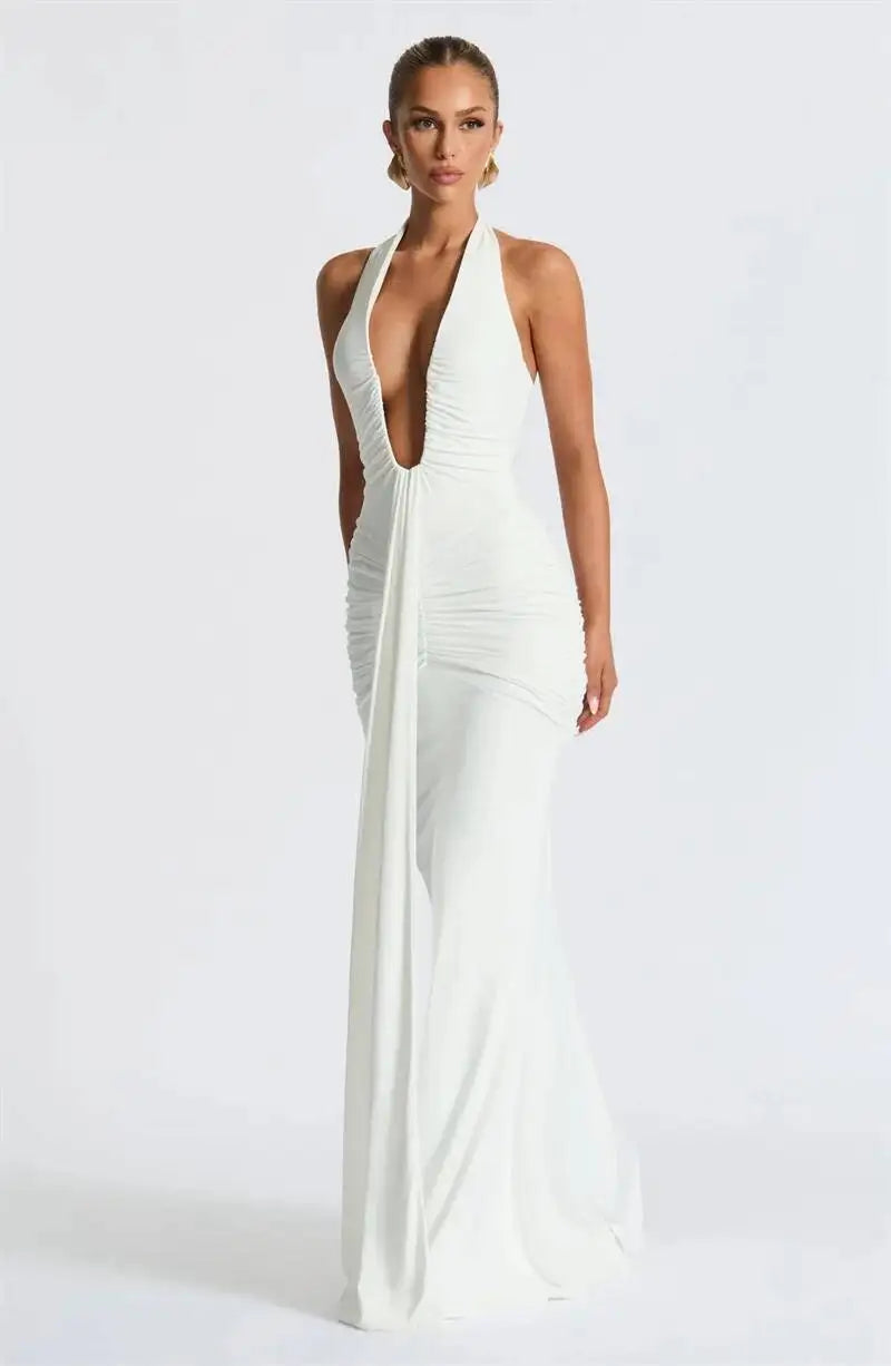 Deep V Neck Draped Ruched Sexy Halter Sleeveless Backless Club Party Long Dress