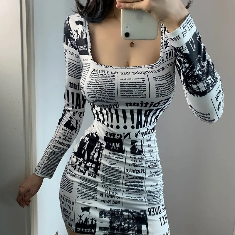 Amazonia Printed Newspaper Sexy New Fashion Street Shooting Slim Mini Dress