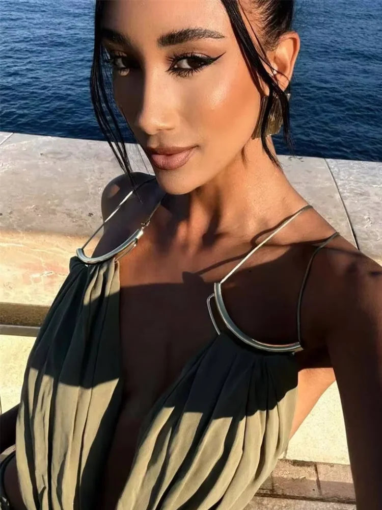 Solid Color Spaghetti Strap Sleeveless Sexy Deep V Cutout Waist Ruched Maxi Gown Dress