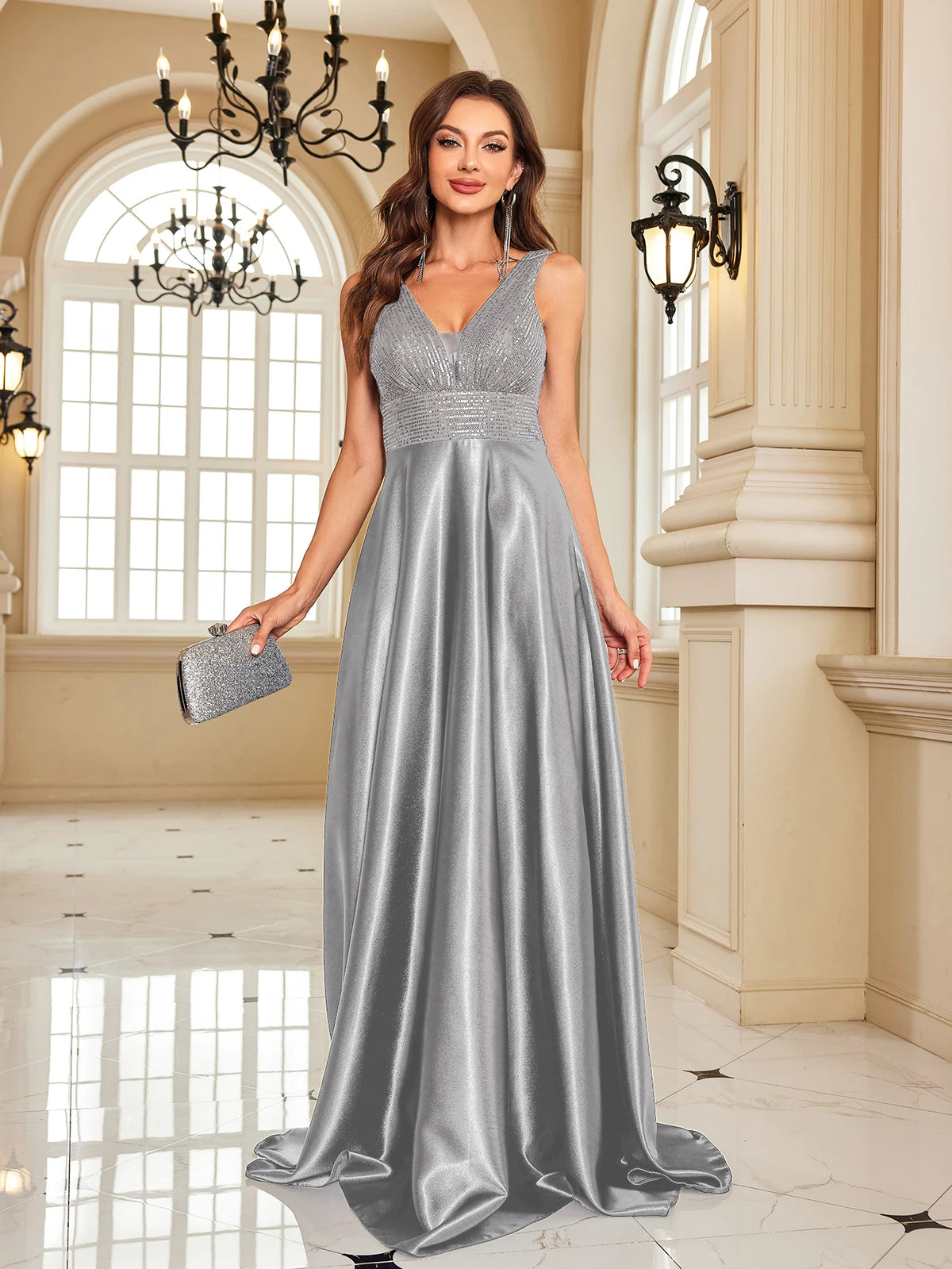 Oklahoma Elegant Sequins Evening Deep V-neck Satin Prom Party Dress