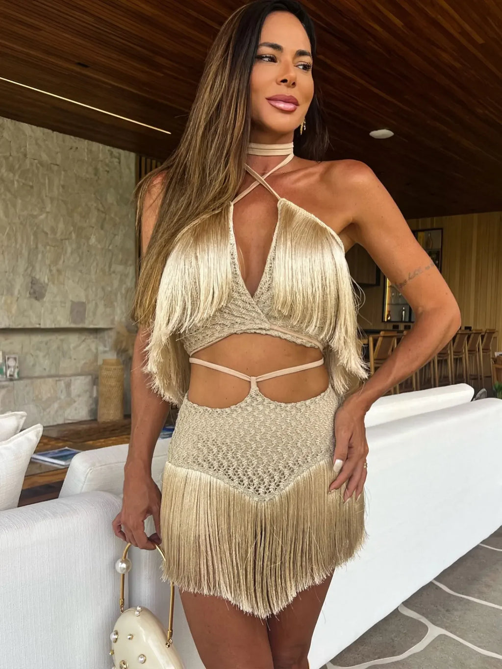 Narraganset Tassel Cut Out Halter Lace Bra Tassel Mini Beach Set