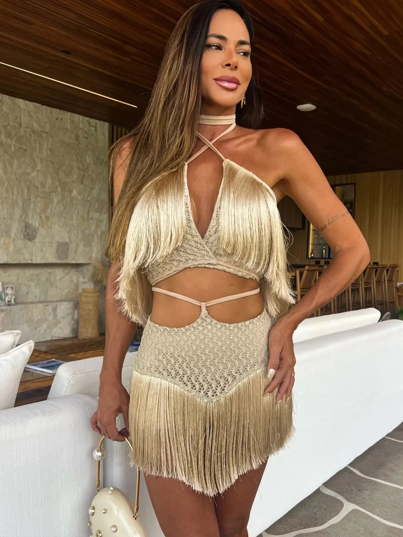 Narraganset Tassel Cut Out Halter Lace Bra Tassel Mini Beach Set