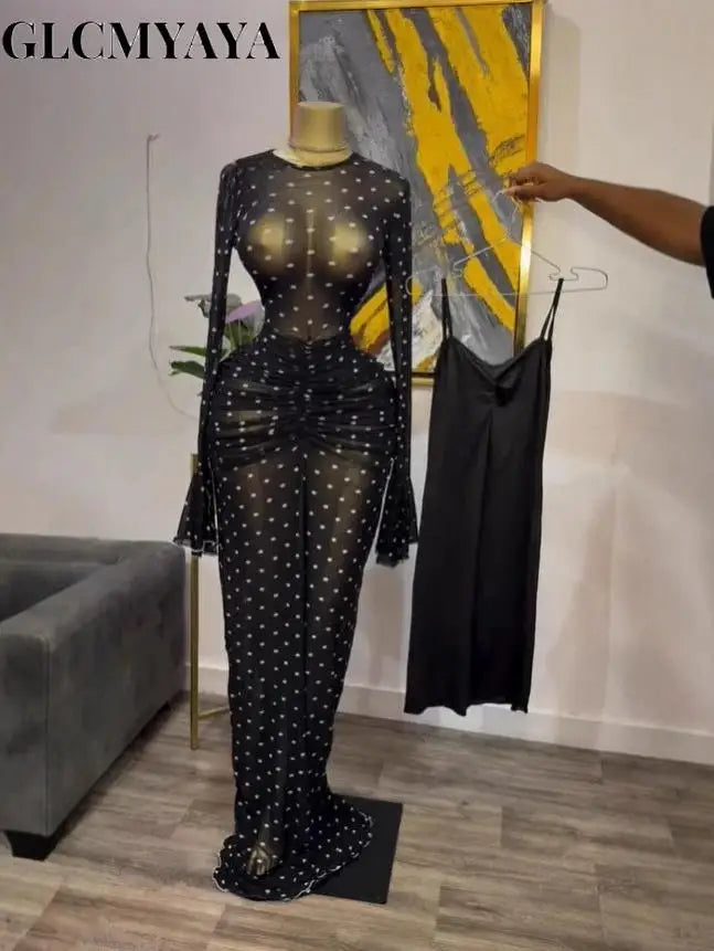 Peru Long Sleeve Stacked Mesh See Though with Lining Bodycon Long Dress