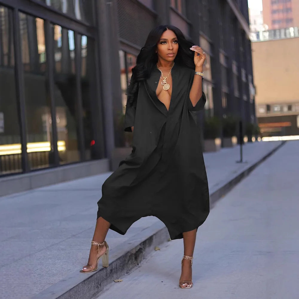 Women Plus Size Jumpsuit Business Casual Black Pocket Harem Rompers Single