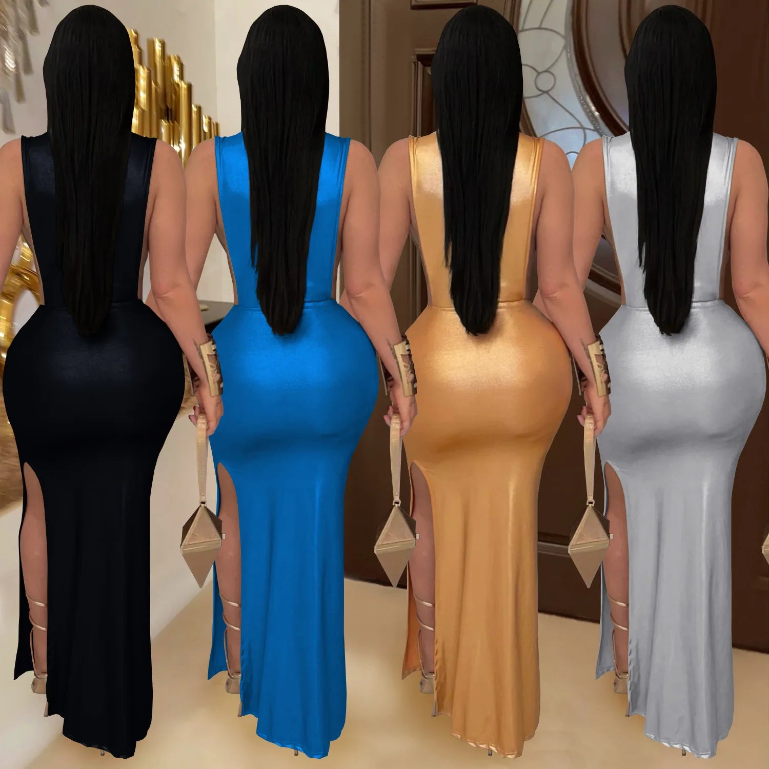 Hudson Square Side Split Ruched Sleeveless Waistless Silky Sexy Metal Button Ribbon Dress