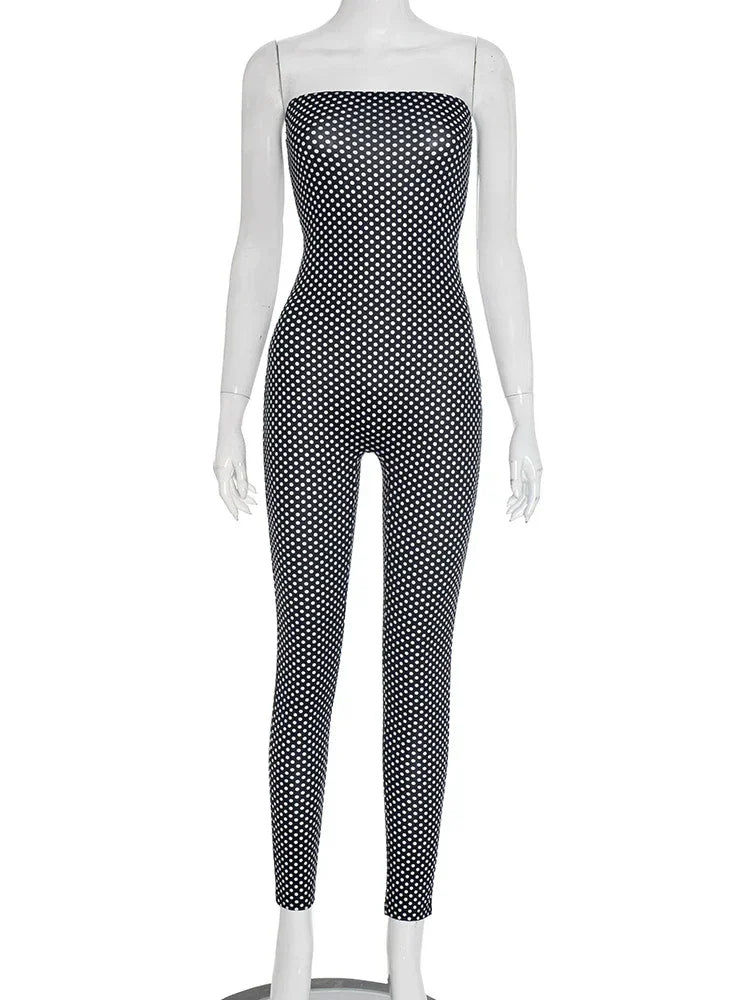 Cobble hill Polka Dot Print Strapless Skinny Midnight Tight Stretch Workout Activity Jumpsuit
