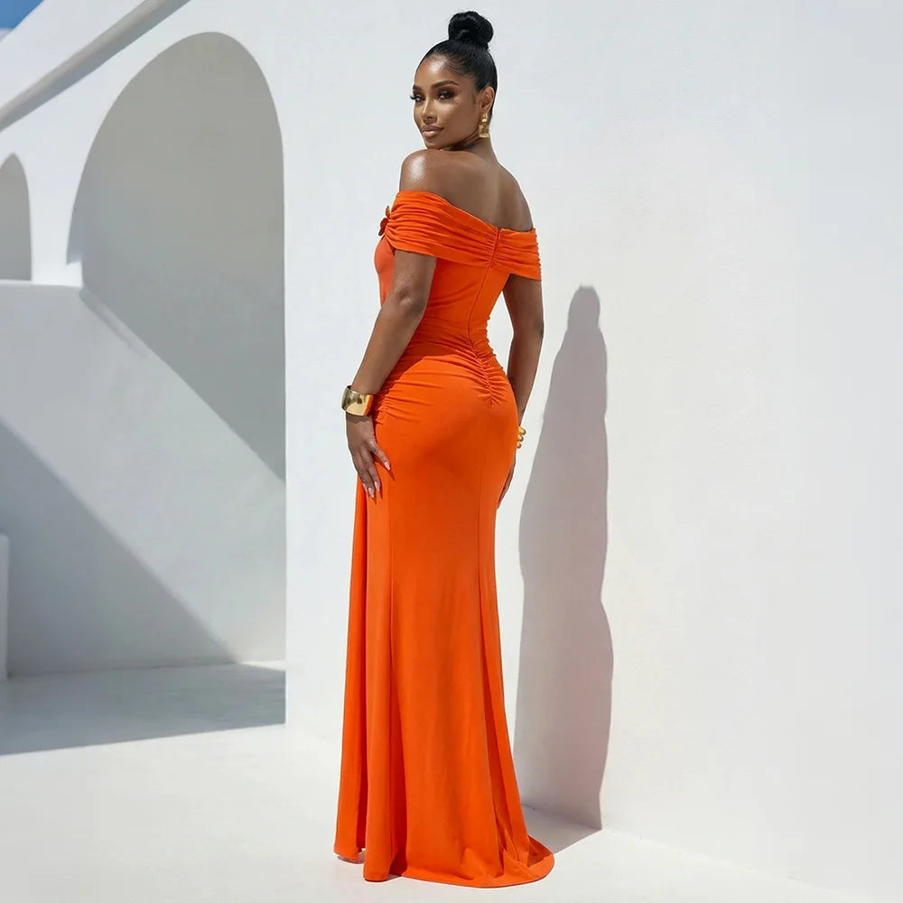 La Cuava Slash Neck Ribbon Elegant Sleeves Long Sexy Maxi Dress
