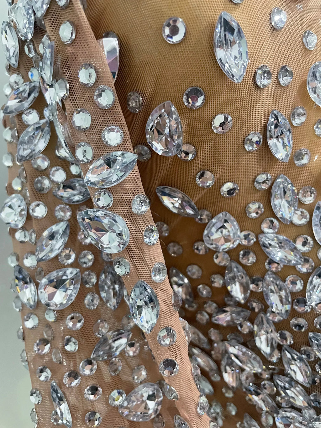 Cumberland Shinny Rhinestone Stretch Mesh Transparent Long Dress