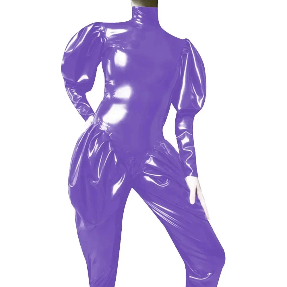 Sleeves Jumpsuit Sexy Zipper Open Crotch Catsuit Party High Neck Wetlook Rompers Female