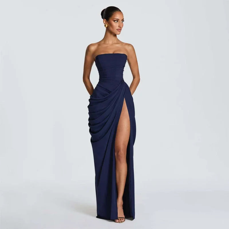 Tapansee Solid Sexy Pleated Strapless Off Shoulder Backless High Waist Split Maxi Dress