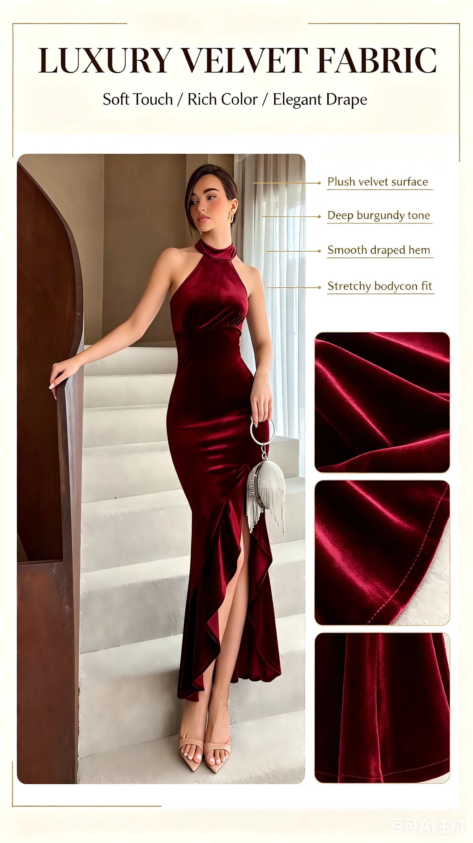 Burgundy Velvet Halter Neck Mermaid Gown High Neck Split Evening Party Dress