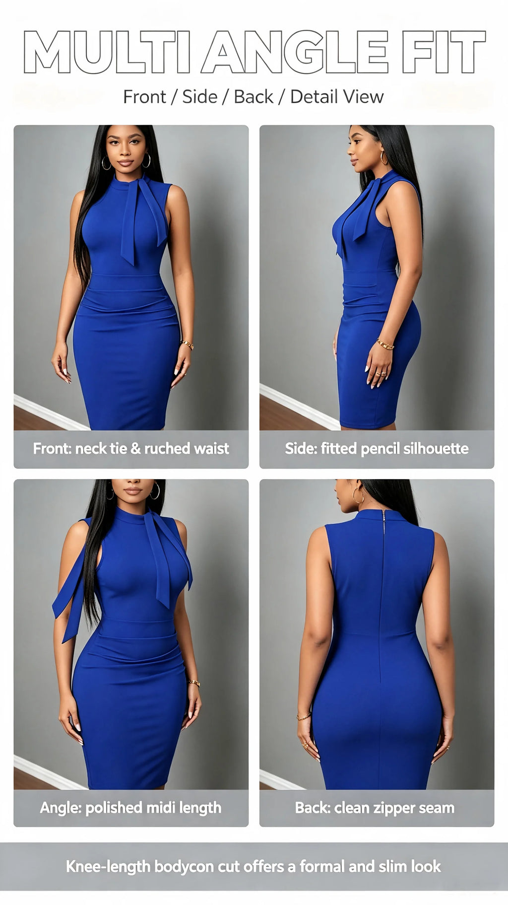 Arizona Elegant Sleeveless Bodycon Stand Collar Neck Tie Ruched Waist Sheath Midi Dress