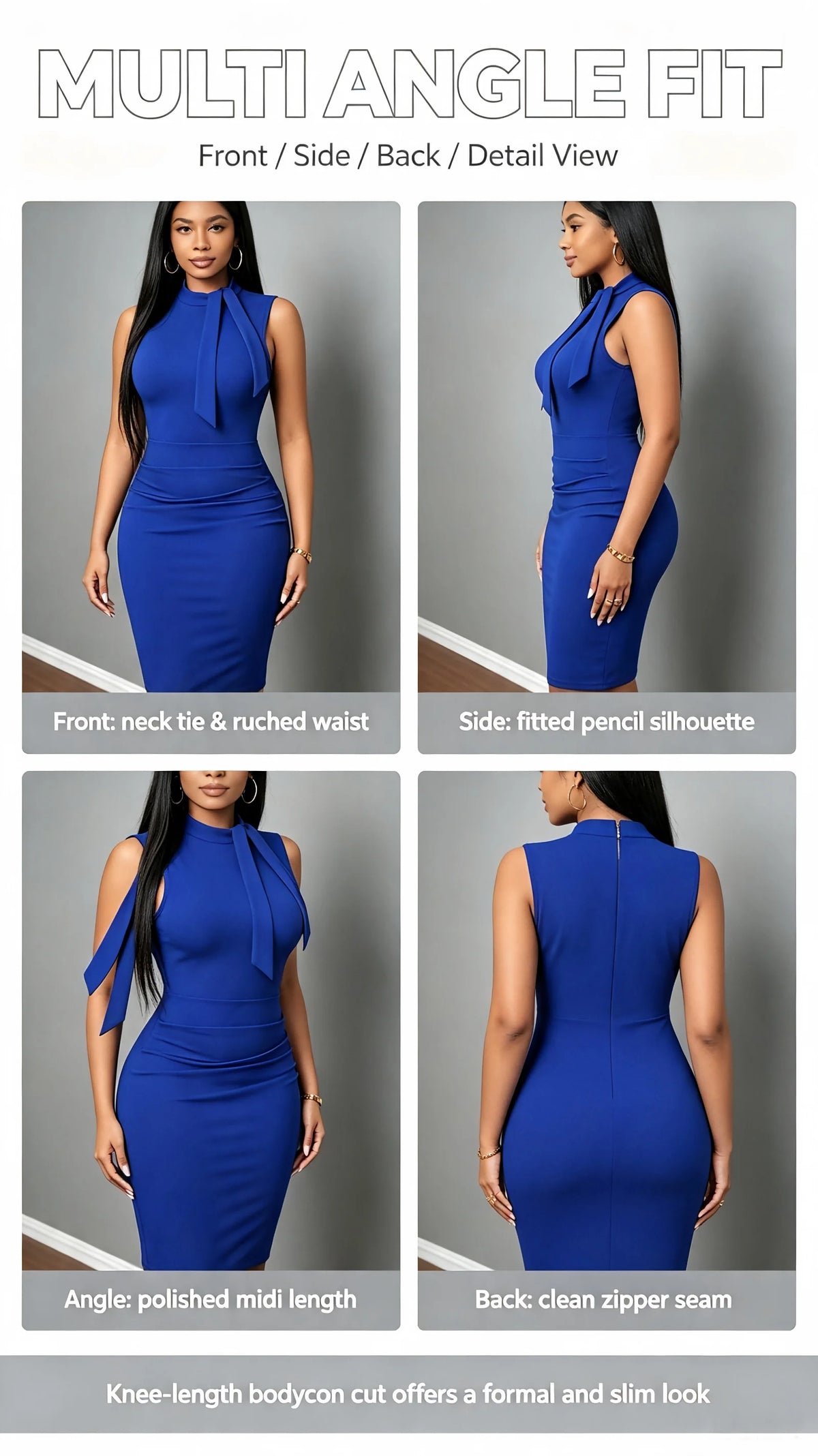Arizona Elegant Sleeveless Bodycon Stand Collar Neck Tie Ruched Waist Sheath Midi Dress