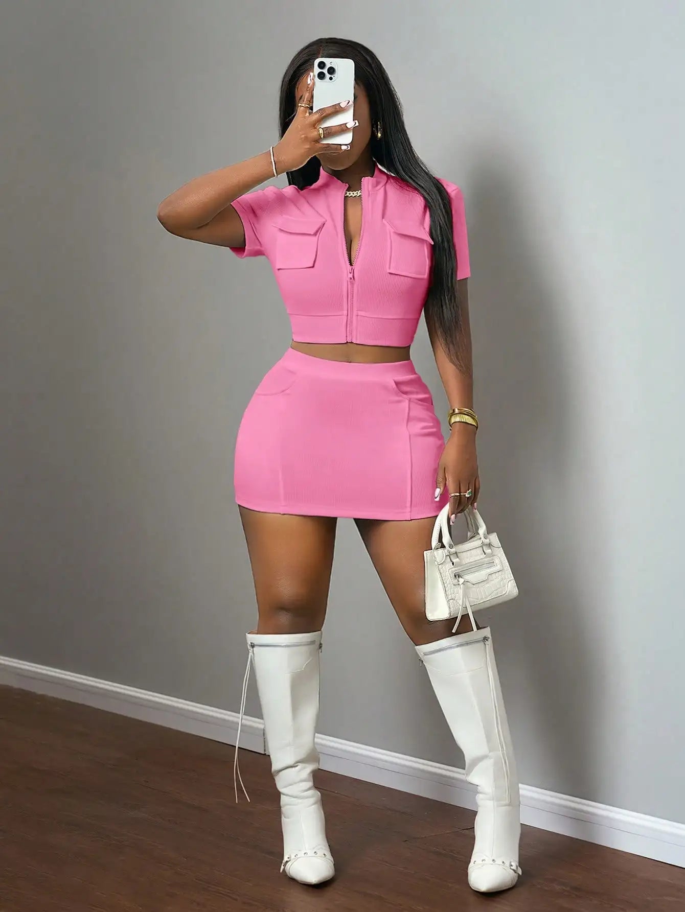 Mary Short Sleeve Zipper Pocket Two-Piece Sets