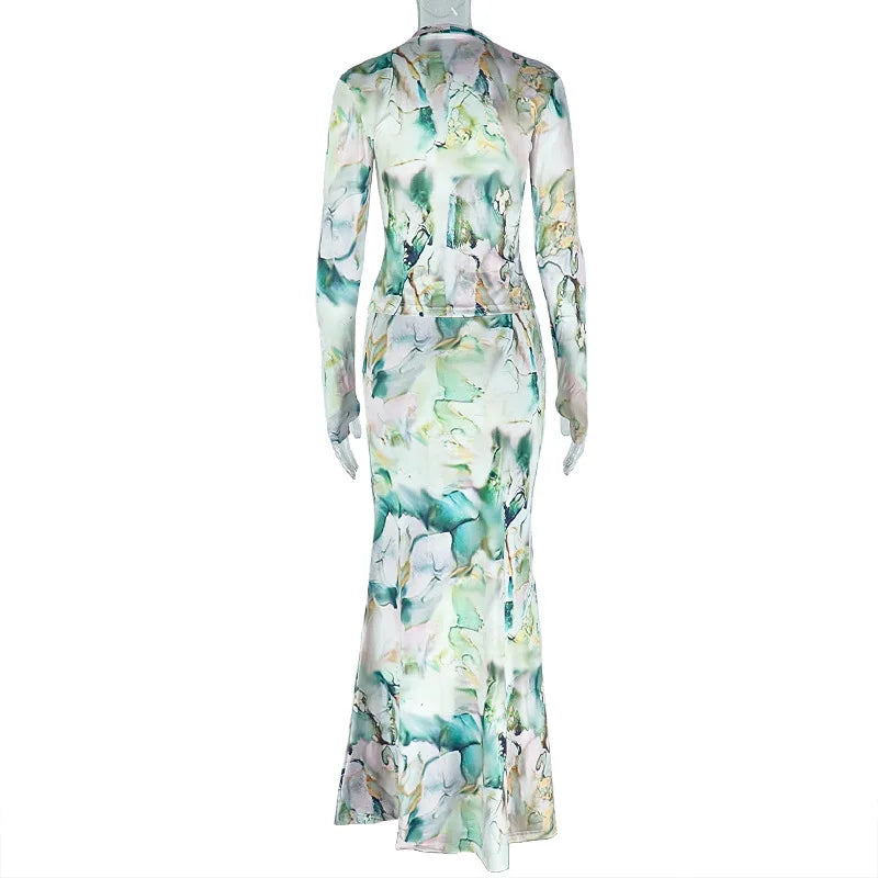 Long Sleeve Combo and Drawstring Ruched Maxi Long  Outfit Sets