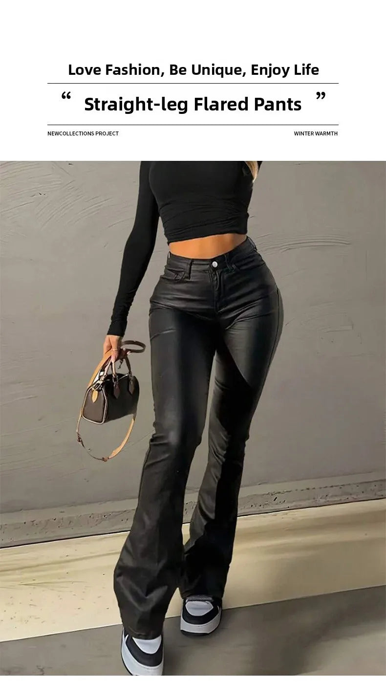Liboa High Waist Slimming PU Leather Micro Flared Dragging Ground Casual Pants