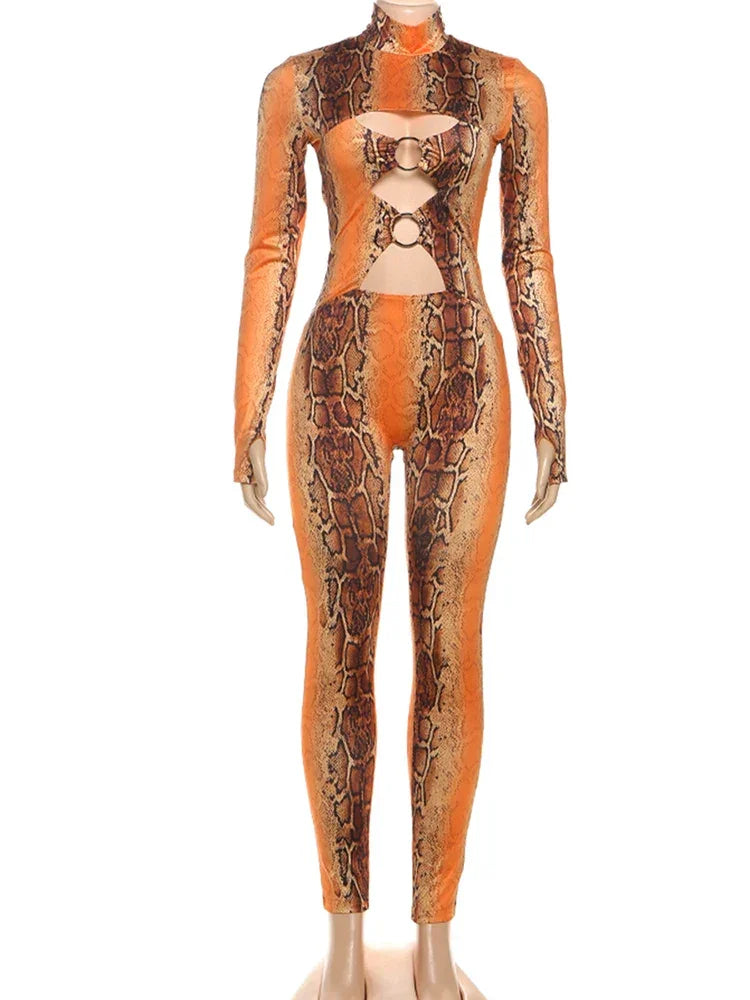 Canarsie Hollow Serpentine Print O Neck Full Sleeve Skinny Peach Hip Jumpsuit